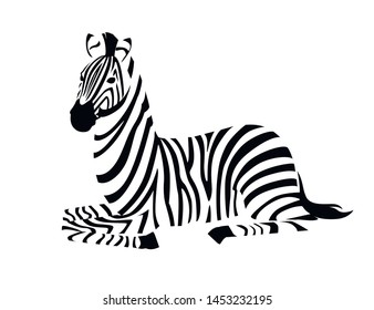 African zebra lying on ground side view outline striped silhouette animal design flat vector illustration isolated on white background