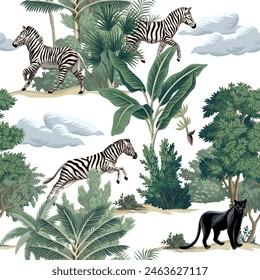 African zebra, panther, trees, plants, cloud savanna seamless pattern. Tropical island wallpaper.