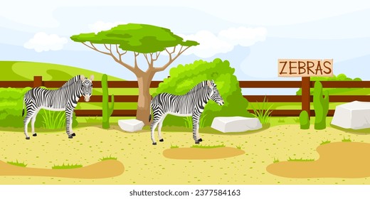 African zebra standing near fence in zoo. Safari vacation. Natural wildlife. Black and white striped mammal, cartoon design. Cute character. Picturesque landscape. Wild savanna. Vector illustration