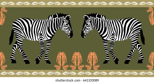 African zebras. Vector illustration for fresco and textile design. Animal print with floral motifs on green background.