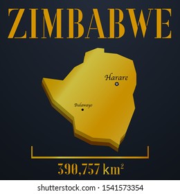 African Zimbabwe golden 3d solid country outline silhouette, realistic piece of world map template, for infographic, vector illustration, isolated object, background. From countries set