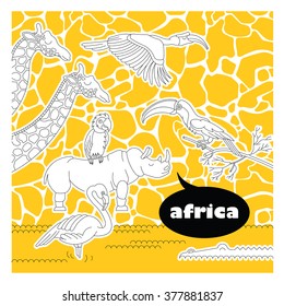 African zoo animals and birds set. Vector zoo animals and birds made in flat lineal style. Zoo animals and birds isolated on giraffe texture background..Vector zoo animals and birds background.