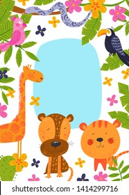 African zoo. Template for posters, cards and invitations. Cute African animals, birds and flowers. Bright vector background. Hand drawn illustration. Summer set. Funny characters for kids. Frame.