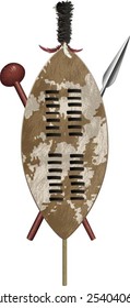 African Zulu Assegai Spear Shield And Club