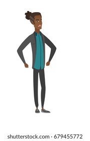 African-american angry businessman screaming. Young angry businessman clenching fists. Angry businessman shouting with raised fists. Vector flat design illustration isolated on white background.