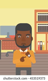 An african-american angry businessman standing in the office and pointing at his wrist watch. Concept of late to work. Vector flat design illustration. Vertical layout.