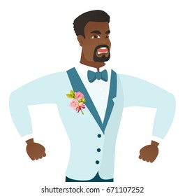 O noivo afro-americano irritado gritando. Jovem noivo irritado cerrando punhos. Noivo irritado em um terno de casamento gritando com punhos levantados. Ilustração de design plano vetorial isolada sobre fundo branco.