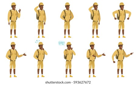 African-american angry traveler screaming. Full length of angry traveler clenching fists. Angry tourist shouting with raised fists. Set of vector flat design illustrations isolated on white background