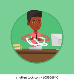 African-american annoyed businessman sitting in office and tearing furiously bills. Young angry businessman calculating bills. Vector flat design illustration in the circle isolated on background.