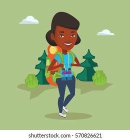 Mochilero afroamericano con mochila y binoculares caminando al aire libre. Senderismo en el bosque durante el viaje. Mochilero viajando en la naturaleza. Ilustración de diseño plana vectorial. Diseño cuadrado.