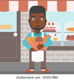 An african-american baker holding basket with bakery products. Baker standing in front of bakery. Baker with bowl full of bread. Vector flat design illustration. Square layout.