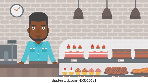 An african-american bakery worker offering different pastry. A bakery worker standing behind the counter with cakes at the bakery. Vector flat design illustration. Horizontal layout.