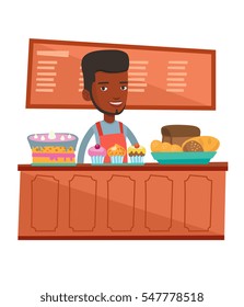 An african-american bakery worker offering pastry. Worker standing behind the counter with cakes at the bakery. Man working at the bakery. Vector flat design illustration isolated on white background.