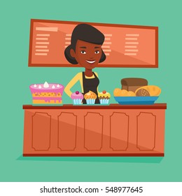 An african-american bakery worker offering pastry. Young smiling bakery worker standing behind the counter with cakes. Woman working at the bakery. Vector flat design illustration. Square layout.