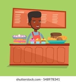 An african-american bakery worker offering pastry. Young smiling bakery worker standing behind the counter with cakes. Man working at the bakery. Vector flat design illustration. Square layout.