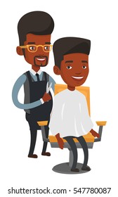 An african-american barber cutting hair of man at barbershop. Professional barber making haircut to a client with scissors in barbershop. Vector flat design illustration isolated on white background.