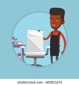 African-american barber standing near armchair and table with cosmetics in barbershop. Barber standing at workplace in barbershop. Vector flat design illustration in the circle isolated on background.