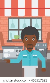 An african-american barista sanding in front of coffee machine. Barista at coffee shop. Barista making a cup of coffee. Vector flat design illustration. Vertical layout.