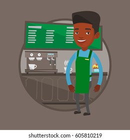 African-american barista working at coffee shop. Young barista sanding in front of coffee machine. Barista making a cup of coffee. Vector flat design illustration in the circle isolated on background.