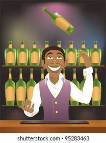 african-american bartender throws bottle