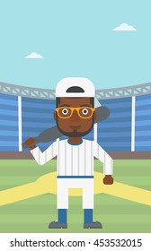 An african-american baseball player with the beard standing on a baseball stadium. Professional baseball player with a bat on his shoulder. Vector flat design illustration. Vertical layout.
