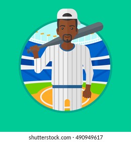 An african-american baseball player standing on a baseball stadium. Professional baseball player with a bat on his shoulder. Vector flat design illustration in the circle isolated on background.