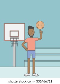 An african-american basketball player spinning the ball on his finger. Vector line design illustration. Vertical layout with a text space for a social media post.