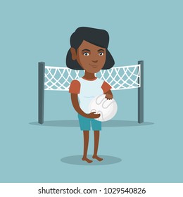 African-american beach volleyball player standing on the background of voleyball net. Full length of young sportswoman holding a volleyball ball in hands. Vector cartoon illustration. Square layout.