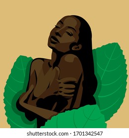 African-American beautiful girl. Vector Illustration Of A Black Woman. Isolated on yellow background.