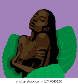 African-American beautiful girl. Vector Illustration Of A Black Woman. Isolated on purple background.