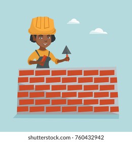 Cocoteros afroamericanos trabajando con espátula en el sitio de construcción. Joven capa de ladrillo en uniforme y sombrero duro. Ladrillo construyendo una pared de ladrillo. Ilustración de dibujos animados. Diseño cuadrado.