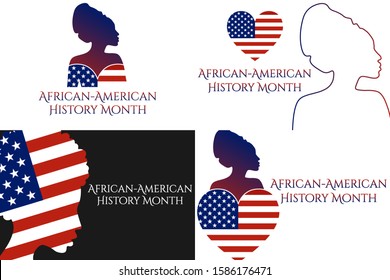 African-American or Black History Month concept with silhouette of African-American woman. Set of patriotic templates for background, banner, card, poster with text inscription. Vector illustration