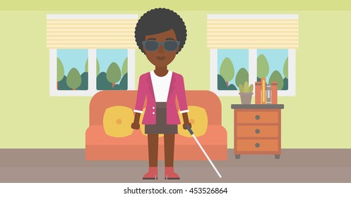 An african-american blind young woman in dark glasses standing with walking stick in the living room. Vector flat design illustration. Horizontal layout.