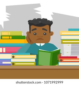 African-american bored university student studying hard before the exams in the library. Sad teacher feeling stress from the checking of test of student. Vector cartoon illustration. Square layout.