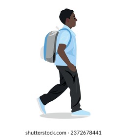 Niño afroamericano con mochila yendo a la escuela con espalda blanca