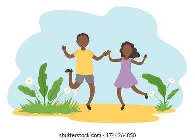 African-American boy and girl jump together. Vacations. Vector illustration.