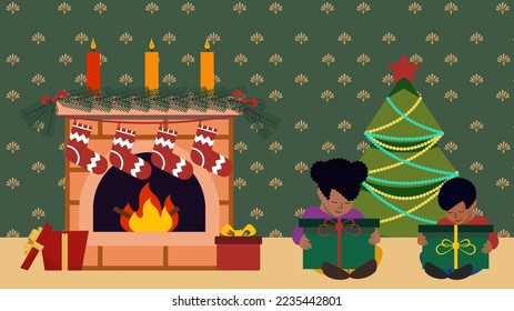 African-American boy and girl sitting in living room with Christmas tree and fireplace, ready to unwrap their presents