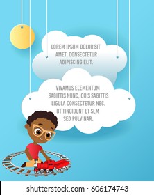 african-american boy with glasses and toy train. Vector Paper art of cloud and plane flying in the sky. Template advertising brochure with space for text. Origami concept Banner.