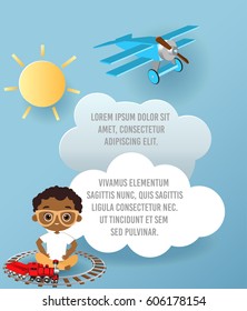 African-american boy with glasses and toy train. Vector Paper art of cloud and plane flying in the sky. Template advertising brochure with space for text. Origami concept Banner.