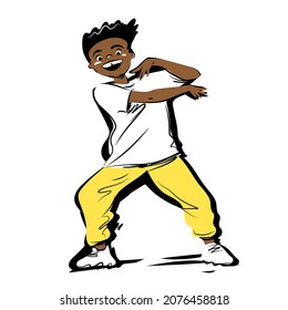 African-American boy. Hand drawn vector illustration of character of teenager. American young student boy. Dancer.
