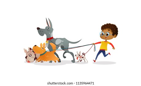 African-American boy holds a dog-lead and looks after pets. Kid walks dogs on leash along city street against buildings on background. Cartoon character strolls with her domestic animals in downtown.