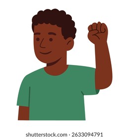 African-American boy raising fist vector, empowerment and protest concept illustration in green shirt cartoon style