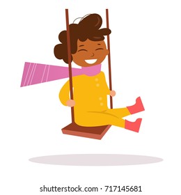 African-American boy swinging on a swing. Vector. Cartoon. Isolated art on white background. Flat.