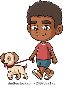 African-american boy walking dog vector illustration