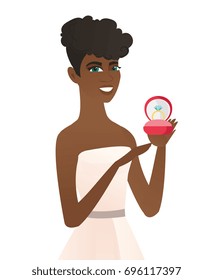 African-american bride in a white dress holding a red gift box with a diamond ring. Young bride showing a wedding ring in a box. Vector flat design illustration isolated on white background.
