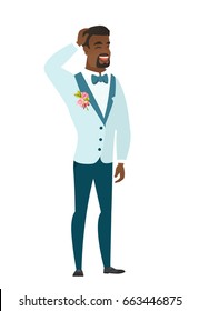 African-american bridegroom laughing. Young bridegroom laughing with hands on head. Bridegroom laughing with closed eyes and open mouth. Vector flat design illustration isolated on white background.