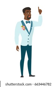 African-american bridegroom with open mouth pointing finger up. Full length of bridegroom with open mouth came up with successful idea. Vector flat design illustration isolated on white background.