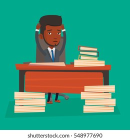 An african-american bsinessman in despair sitting at workplace with heaps of papers. Stressful businessman sitting at the desk with stacks of papers. Vector flat design illustration. Square layout.