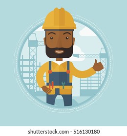 An african-american builder giving thumb up on the background of construction site. Smiling builder in helmet showing thumb up. Vector flat design illustration in the circle isolated on background.