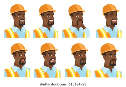African-american builder with happy face expression. Portrait of young happy builder. Set of builder with different facial emotions. Vector flat design illustrations isolated on white background.